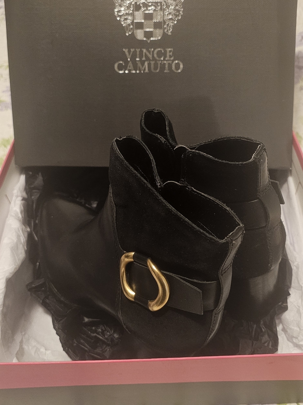 Vince Camuto Black Ankle Boots with Gold-Tone Buckle